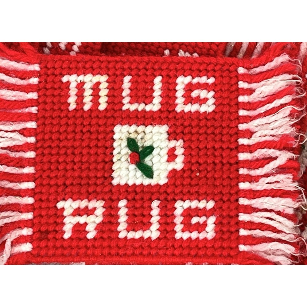 Vtg Handmade Christmas Mug Rug Coasters Plastic Canvas Needlepoint Set of 7